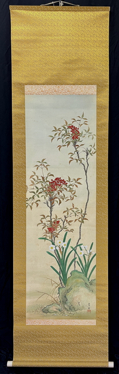 未使用品・極美品】アンティーク 掛け軸 画題：枯木 百舌鳥